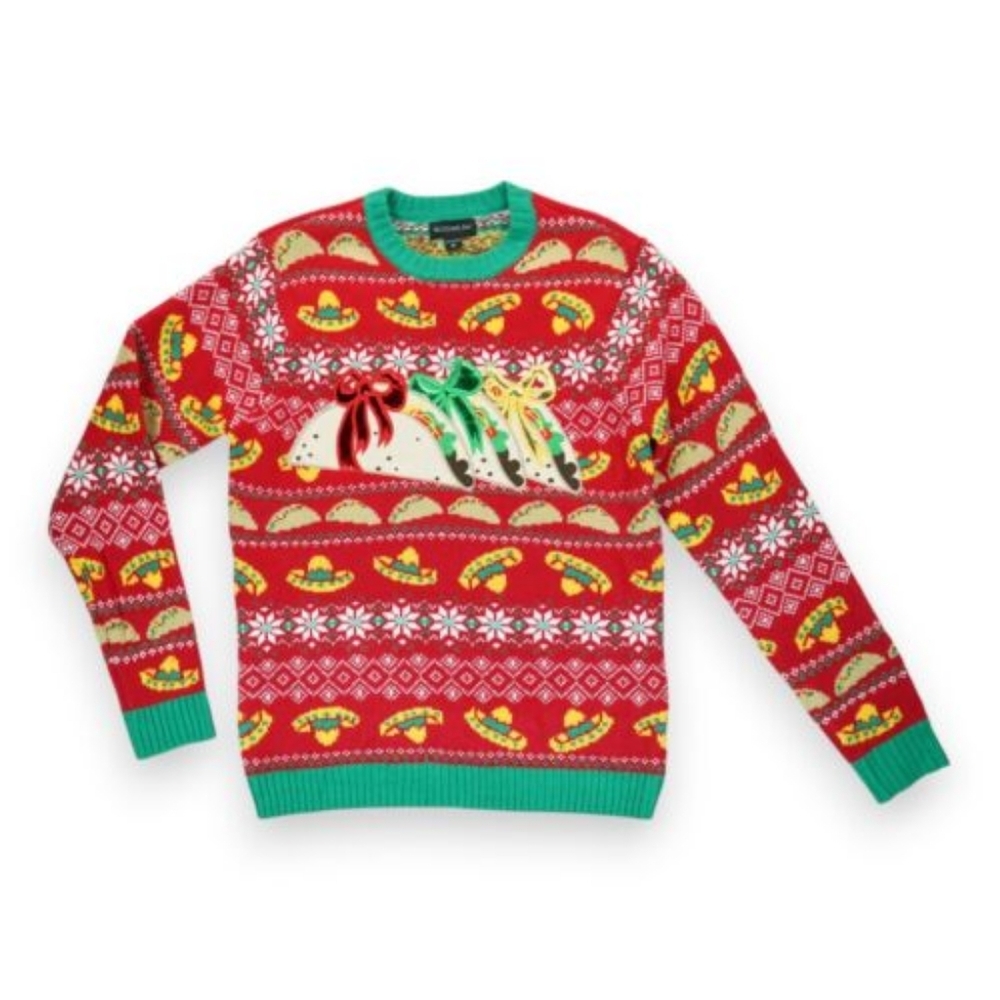 Blizzard Bay Ugly‎ Christmas Sweater Mens Small Red Tacos Sombrero Knit Pullover